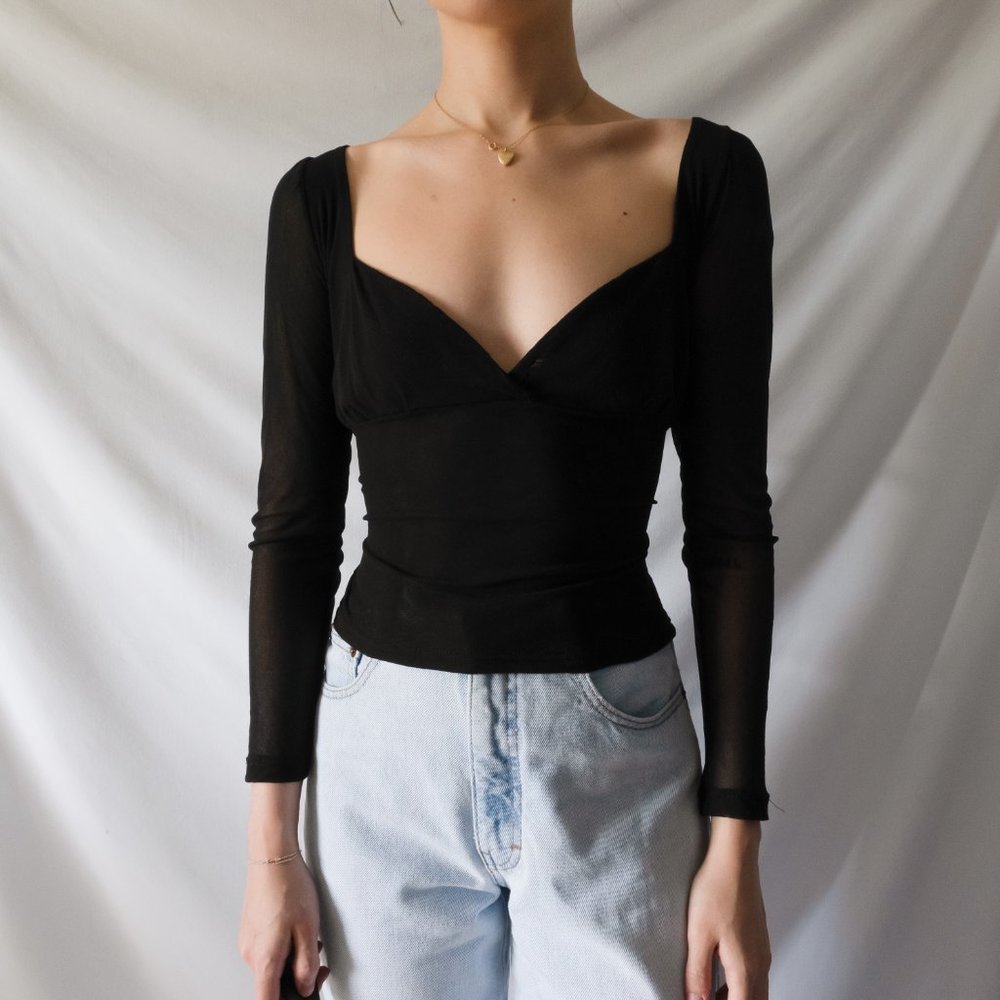 vintage 90s y2k black noir layered mesh sweetheart bustier style long sleeve blo - Picture 3 of 10